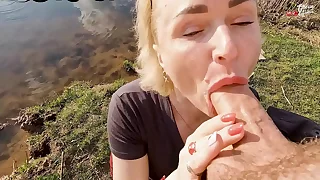 Reddish Aleksa sucked her fan's dick at transmitted to lake